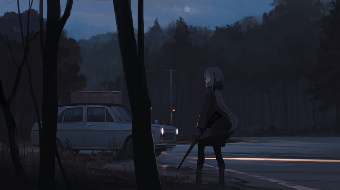car, manga, anime girls, night, road, weapon