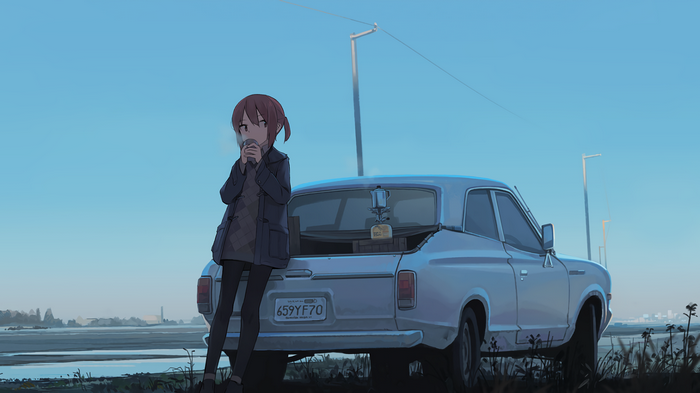 Anime girl drinking coffee by a car