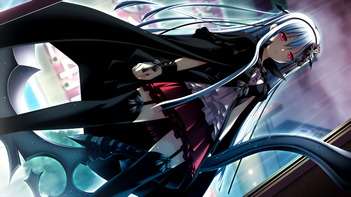 Anime girl with long white hair and red eyes
