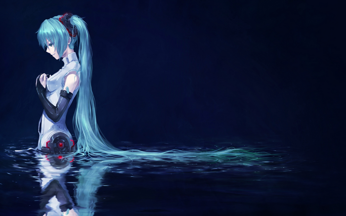 Hatsune Miku standing in dark water