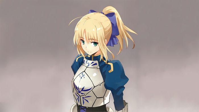 Saber in blue armor with a blue bow