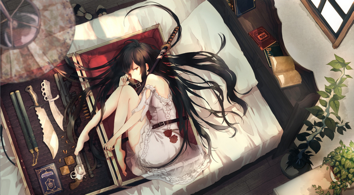 Anime girl with black hair and weapons