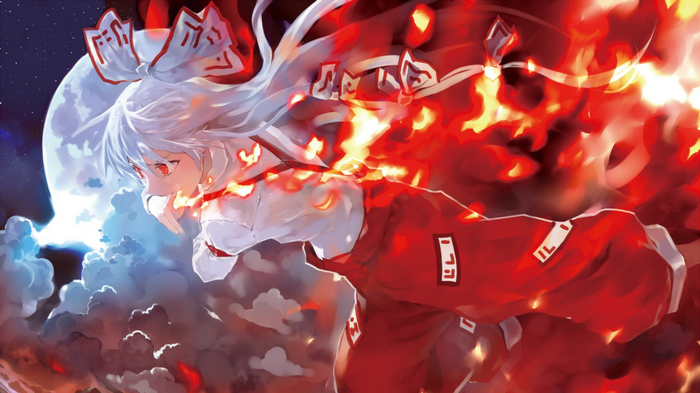 Anime girl with white hair and red eyes surrounded by fire