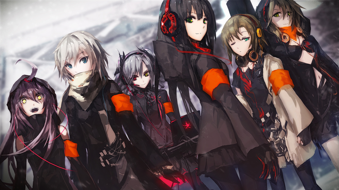 Six girls in black and orange outfits