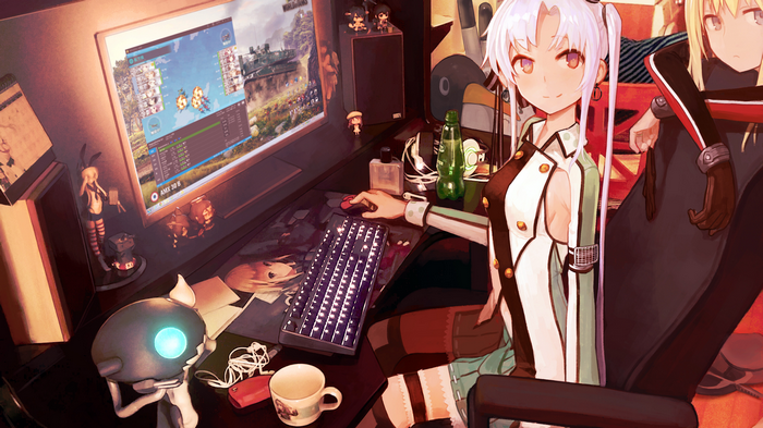 Anime girl playing video games at a desk