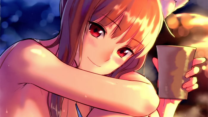 Holo from Spice and Wolf holding a cup