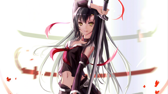 Anime girl with black hair holding a sword