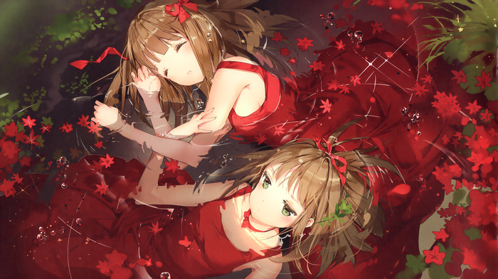 Two anime girls in red dresses with red flowers
