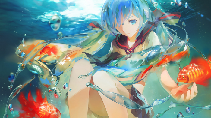 Anime girl with blue hair and goldfish underwater