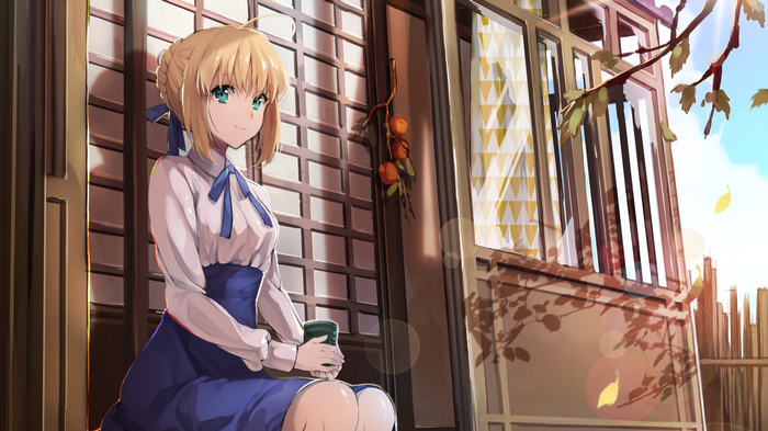 Saber from Fate/Stay Night holding a cup
