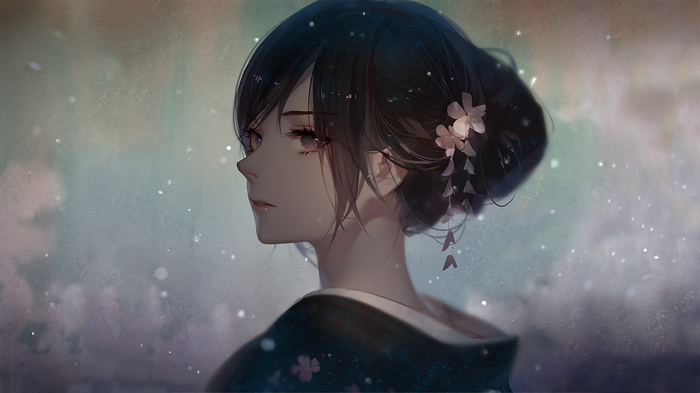 Anime girl in kimono with flowers in hair