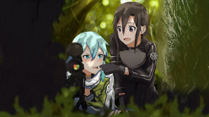 Sword Art Online: Sinon and Kirito in the forest