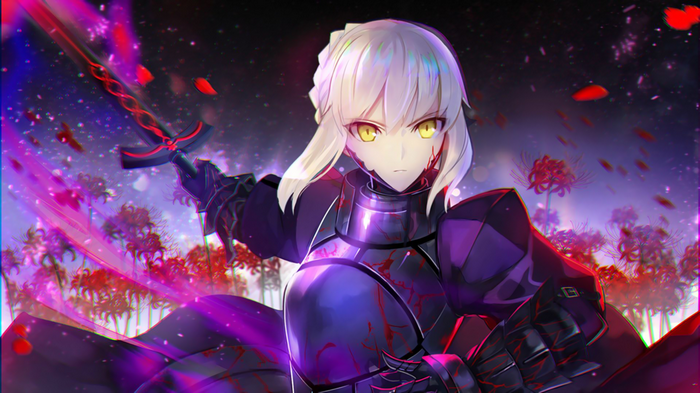 Saber Alter holding a sword with red flowers