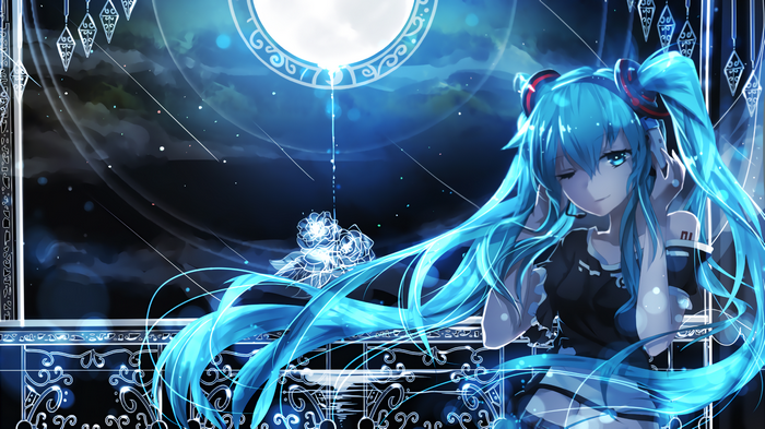 Hatsune Miku with headphones under a moon