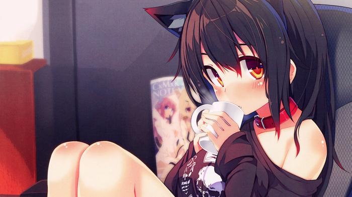 Nekomimi girl drinking from a mug