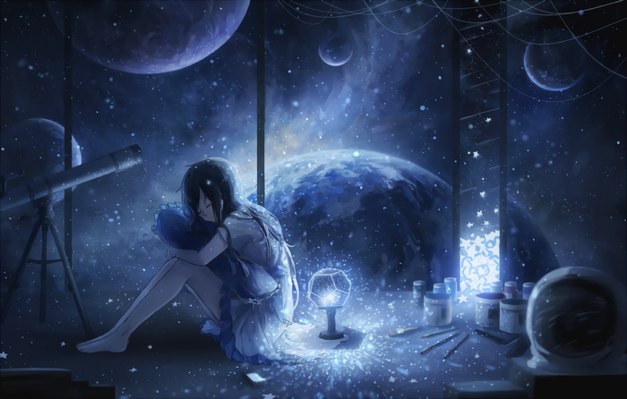 Anime girl sleeping in a room with planets and stars