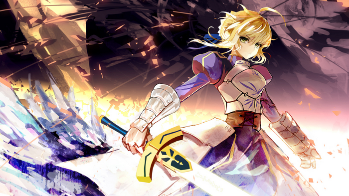 Saber holding Excalibur in battle