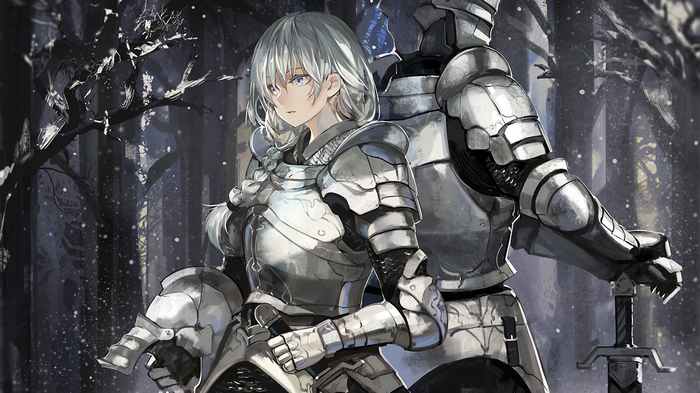Anime girl knight with white hair and braided pigtails