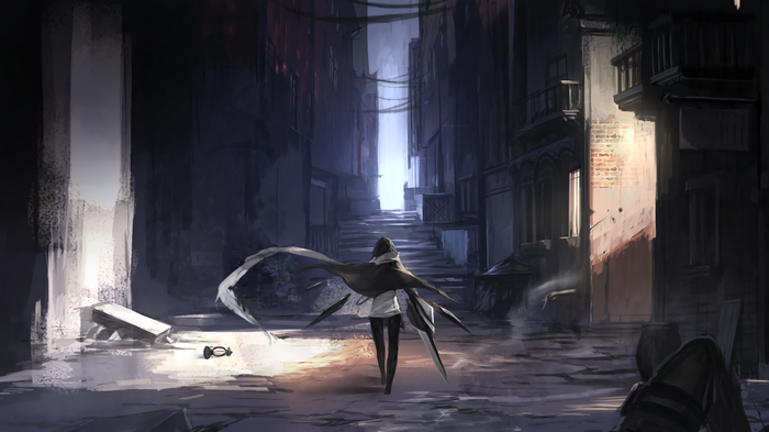 A lone figure walks down a dark, narrow street