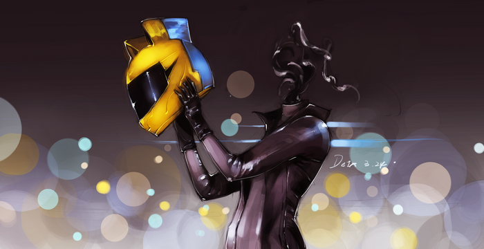 Celty Sturluson holding a yellow helmet