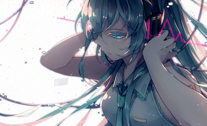 Hatsune Miku with headphones and digital elements