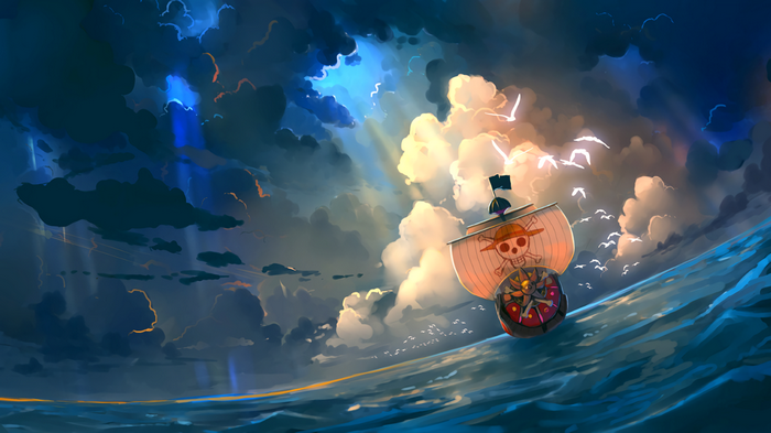 One Piece ship sailing through stormy seas