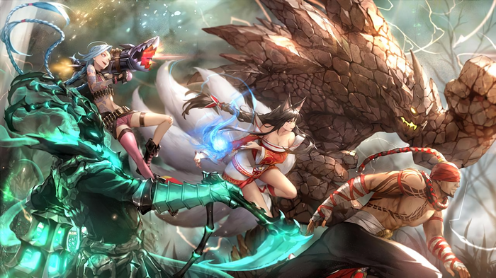 League of Legends characters fighting a stone monster