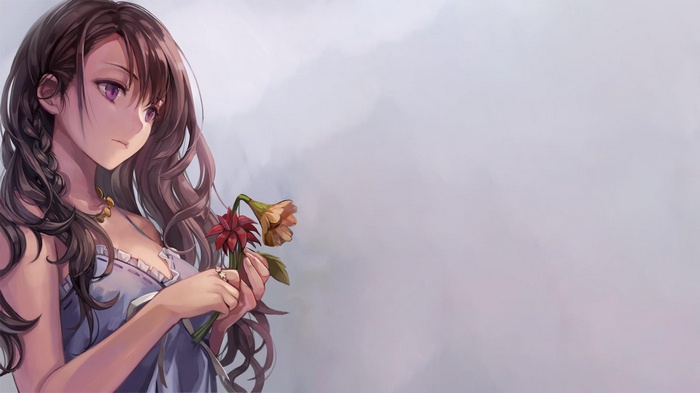 Anime girl with purple eyes holding flowers