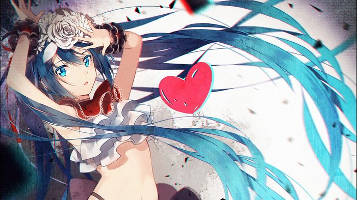 Hatsune Miku with a red heart and white flowers