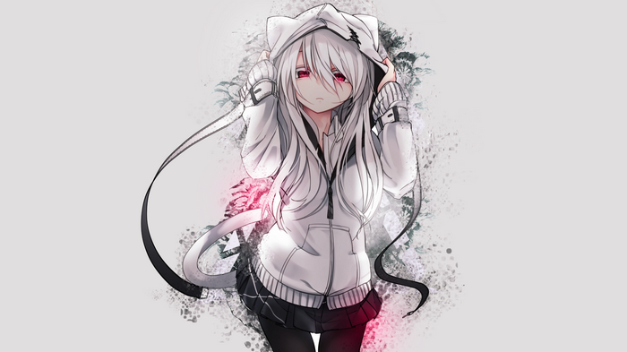 Anime girl with white hair and red eyes wearing a hoodie