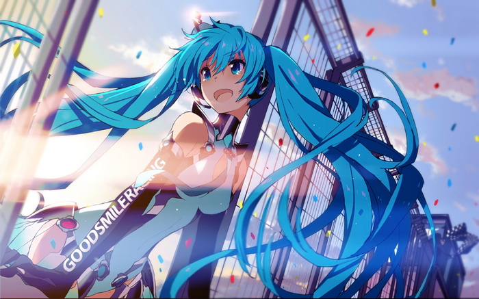Hatsune Miku in a racing outfit with confetti