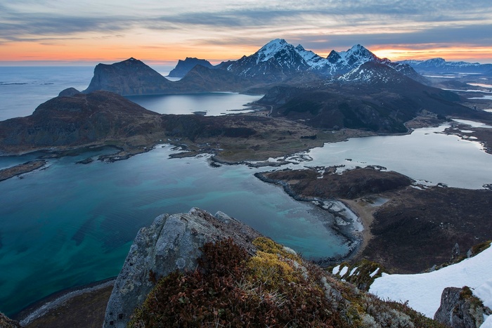 Lofoten Islands mountains and sea at sunrise