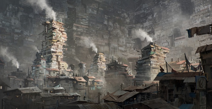 Artwork of a dense, vertical slum city with smoking chimneys.