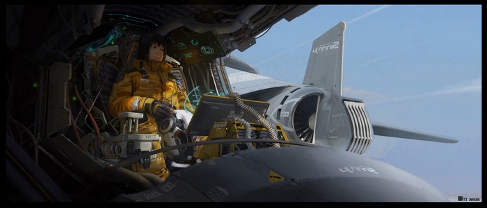 Pilote in a science fiction aircraft cockpit