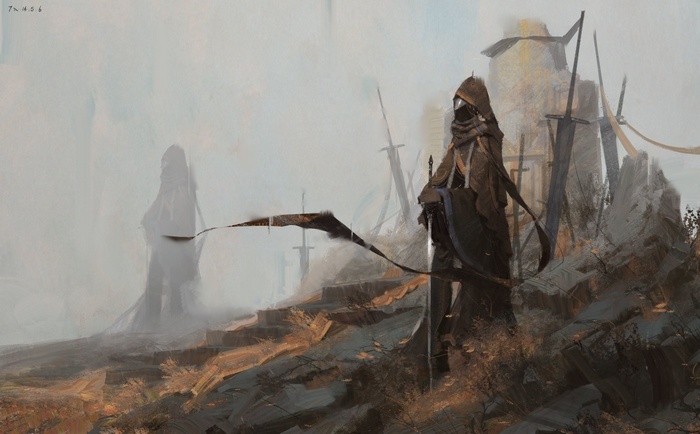 Two hooded figures stand among swords in a misty landscape