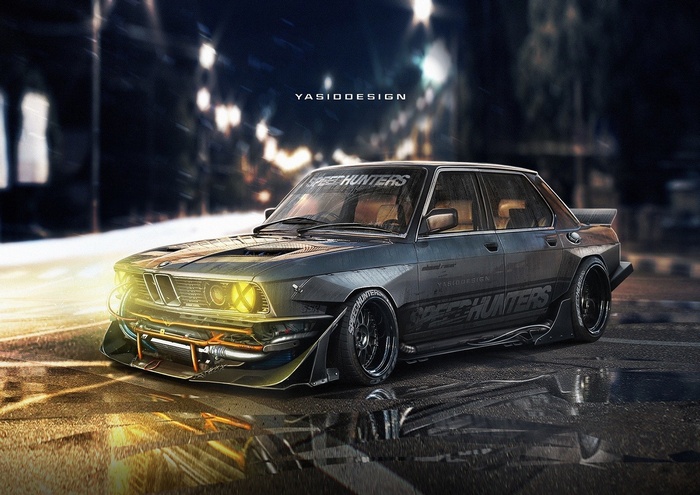 Modified BMW 535i with yellow headlights and Speedhunters livery