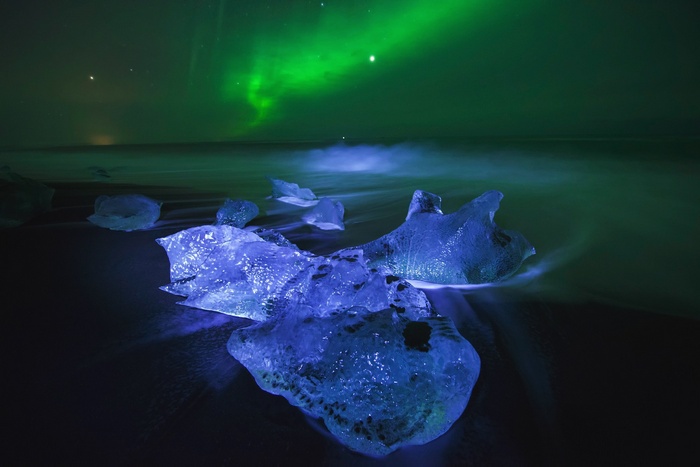 Aurora Borealis over Diamond Beach, Iceland