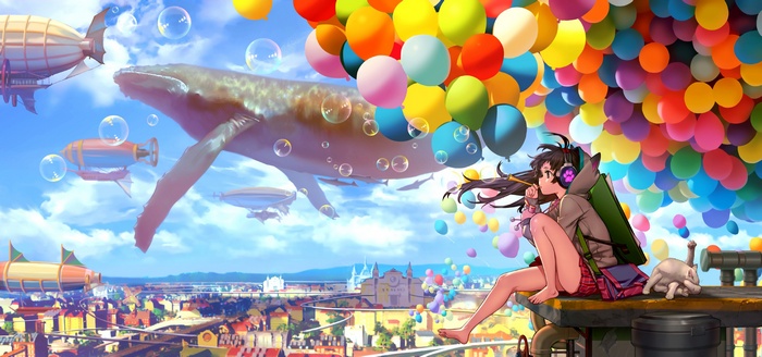 Anime girl with whale and balloons over city