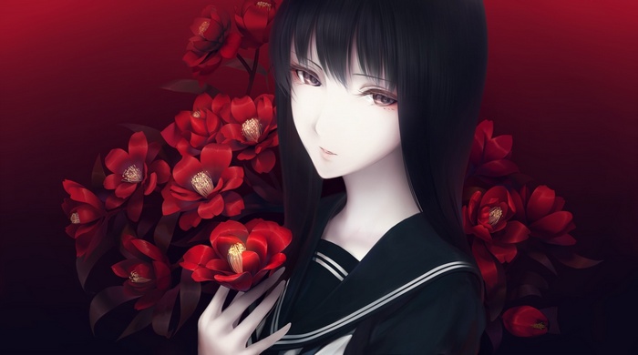 Anime girl with black hair and red flowers