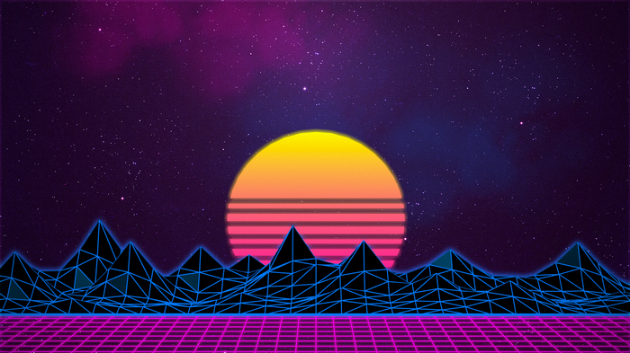 Synthwave neon mountains and sunset