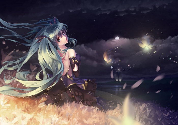 Hatsune Miku in a dark fantasy landscape with glowing butterflies