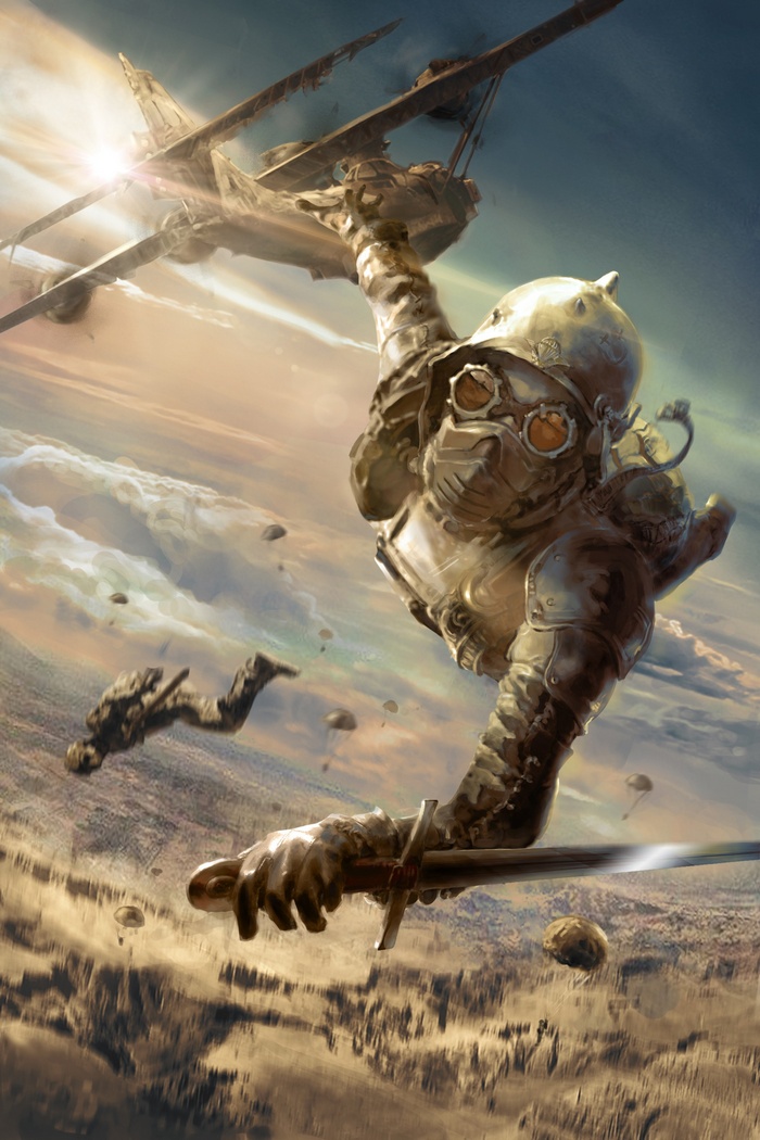 Soldier falling from airplane with sword and helmet