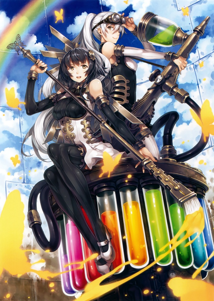 Anime girls with steampunk weapons and colorful potions
