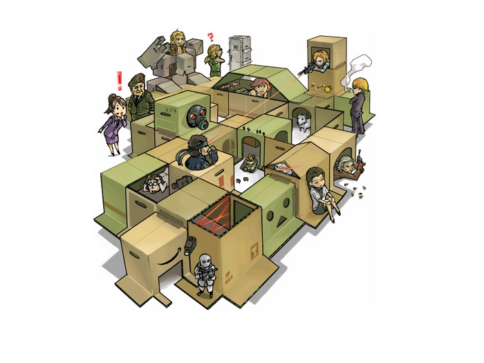 Metal Gear Solid characters in a cardboard box fort
