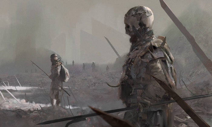 Futuristic soldiers with swords in a desolate landscape