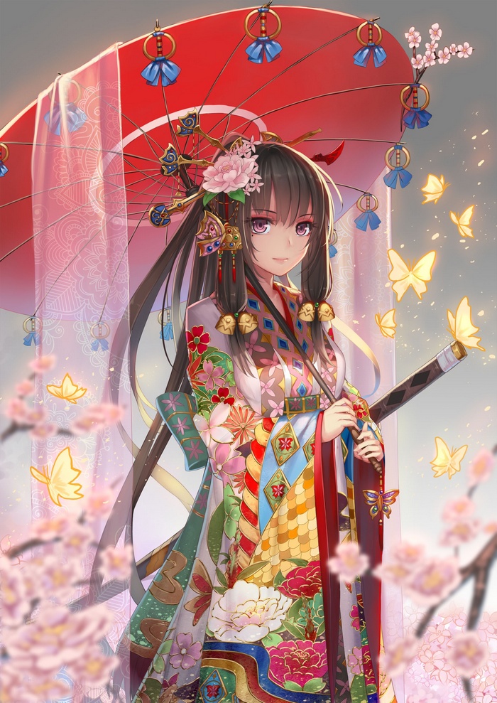 hair ornament, long hair, kimono, anime girls, umbrella, anime, Japanese clothes, dark hair, sword