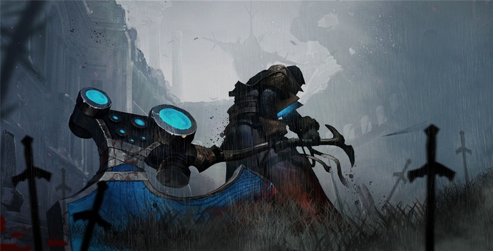Warrior with a large hammer in a rainy battlefield