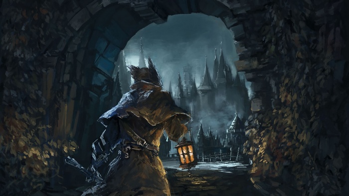 Bloodborne hunter with lantern in gothic city