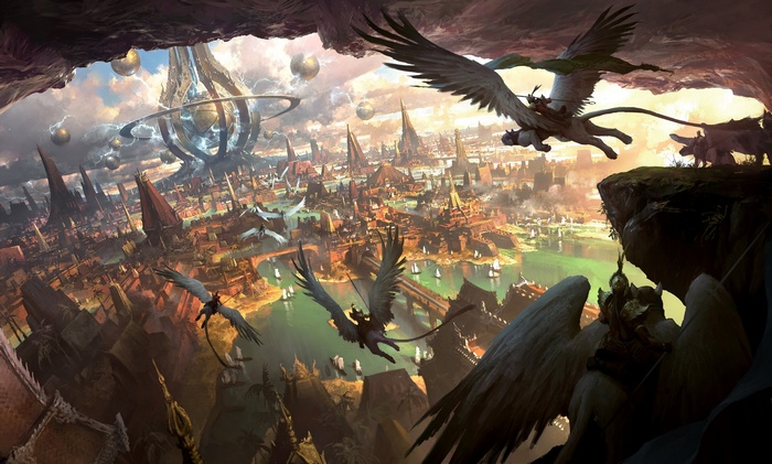 Fantasy city with flying creatures and a large structure