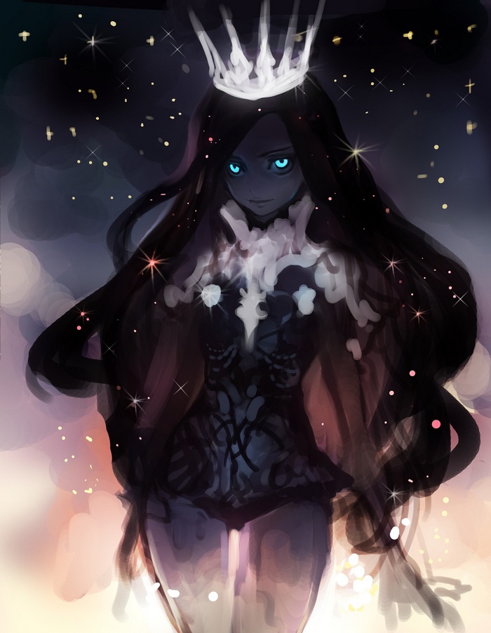 Fantasy art of a crowned woman with glowing eyes